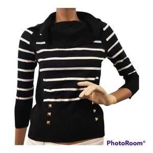 CATO Cowl Neck Knitted black white striped Top Blouse  3/4  sleeve size S